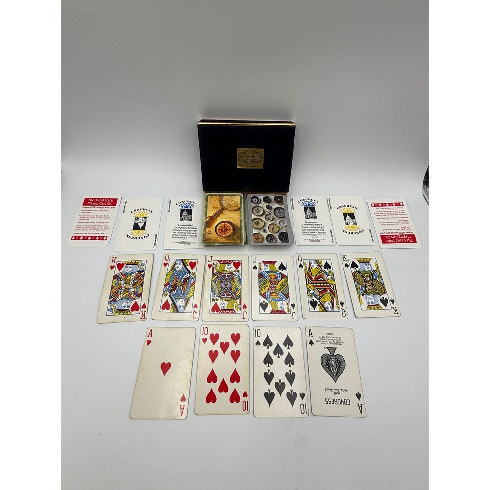 Vintage Congress Playing Cards Double Deck Nautical Compass Watch Velvet Box Set
